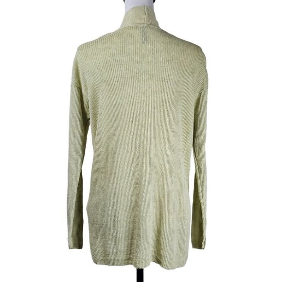 Eileen Fisher Womens Green Organic Linen Cardigan Sz M Open Front Ribbed Beachy - Picture 2 of 7